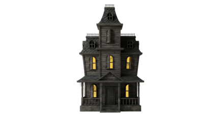 Haunted house 3 d render spooky building illuminated windows nighttime setting halloween decoration dark gray wooden texture eerie atmosphere vertical composition isolated transparent background