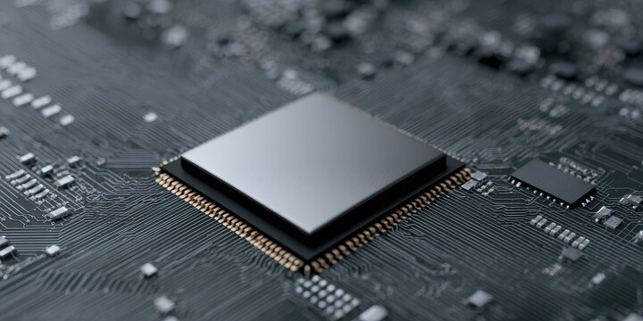 Close up of microchip on circuit board, showcasing intricate connections