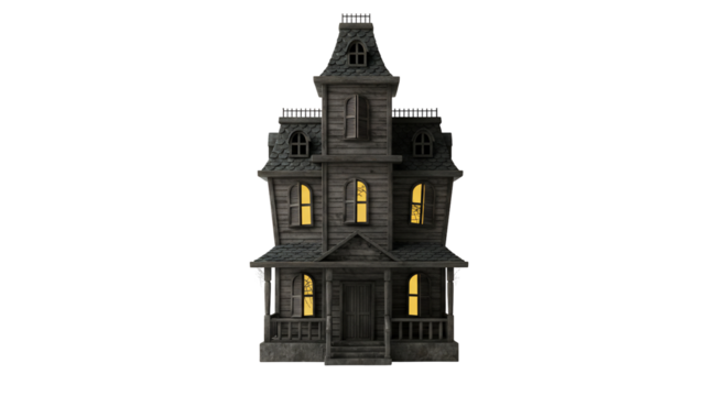Haunted house 3 d render spooky building illuminated windows nighttime setting halloween decoration dark gray wooden texture eerie atmosphere vertical composition isolated transparent background