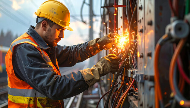 Electrician welding wires with sparks flying in industrial setting for infrastructure