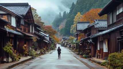 A street scene in an autumnal Japanese village.