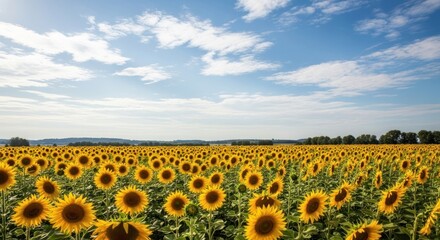 Fototapeta premium An endless field of vibrant blooming sunflowers on a sunny day with a picturesque blue sky and white clouds