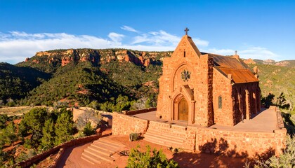 Scenic chapel nestled in red rock mountains