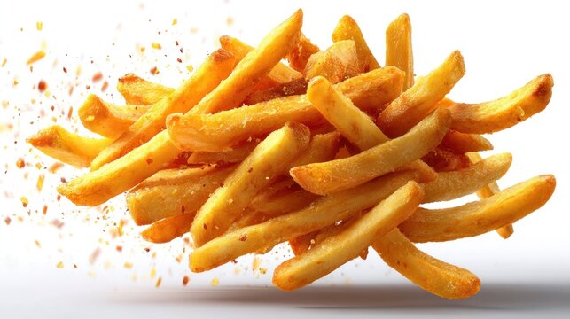 Pile of french fries with seasoning on a white background.