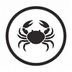 Black and white illustration of a crab centered in a circle, featuring prominent claws and legs.