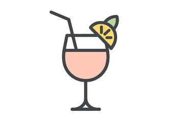 Cocktail glass line icon vector illustration. Summer tropical drink with lemon slice and straw. Minimalist outline symbol for bar menu, party invitation, or mobile app.