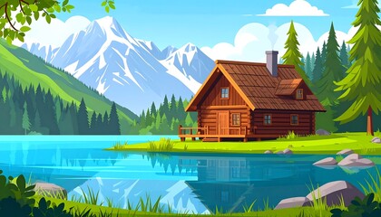A picturesque wooden chalet by a serene lake nestled in a mountain valley