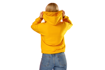 Female figure wearing a vibrant yellow hoodie, isolated on white, PNG