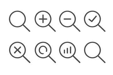 Magnifying glass line icon set. Vector search, zoom in, zoom out, find, and analysis symbols. Minimalistic linear pictogram collection for web, graphic design, UI, and UX.