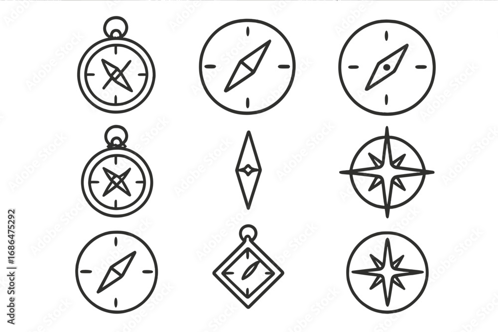 Poster compass icon set simple line art. minimalist outline pictogram collection for web and graphic design