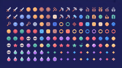 A collection of 8x8 pixel art game assets arranged in 8 rows on a dark blue background. The top row contains 8 swords, 8 axes, and 8 circular shield