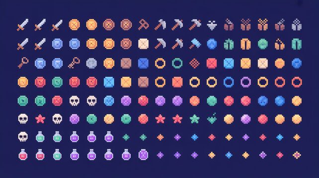 A collection of 8x8 pixel art game assets arranged in 8 rows on a dark blue background. The top row contains 8 swords, 8 axes, and 8 circular shield