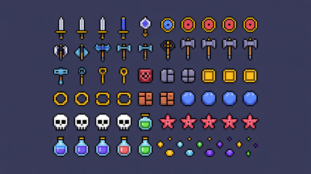 A collection of 8x8 pixel art game assets arranged in 8 rows on a dark blue background. The top row contains 8 swords, 8 axes, and 8 circular shield