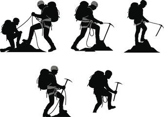Obraz premium Mountain climbers, hiking silhouettes, mountaineering gear, outdoor adventure, rock climbing, extreme sport, alpine expedition, trekking, climbing equipment, exploration, flat vector illustration