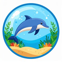 Obraz premium A cheerful cartoon dolphin swims gracefully inside a blue bubble, surrounded by aquatic plants.