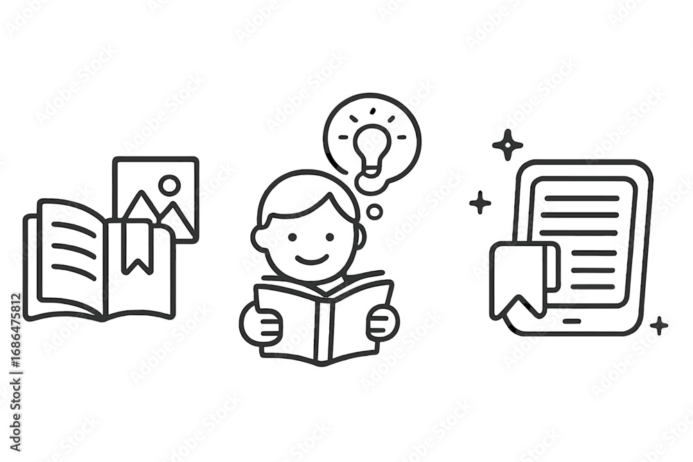 Poster reading and learning icon set. simple linear vector illustration of education, knowledge, and e-lear