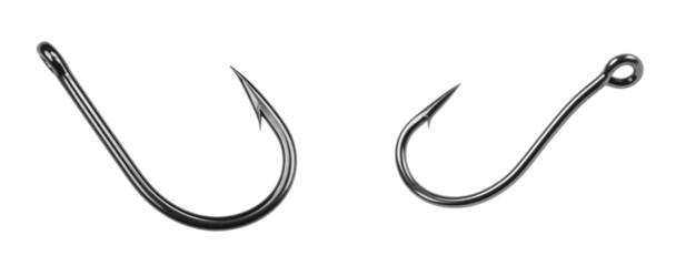 Two Metal Fishing Hooks Isolated On White Background Showing Detailed Sharp Design and Metallic Steel Texture