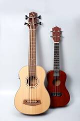 Four-string bass ukulele with wooden body and built-in tuner and pickup.