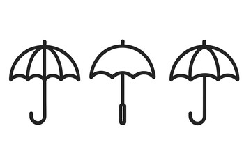 Umbrella, parasol outline icon set. Simple line art symbols for rain, weather, sun shade. Vector graphic collection for web design, apps. Bumbershoot pictogram illustration.