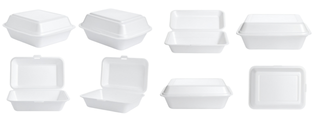White Styrofoam Food Containers Isolated On White Background Showing Variety Of Angles For Packaging And Delivery Uses