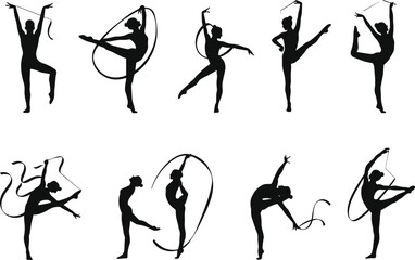 Rhythmic gymnastics silhouettes, ribbon performance, gymnast poses, artistic sport, dance movement, flexibility, balance, coordination, competition, elegance, athletic performance, 