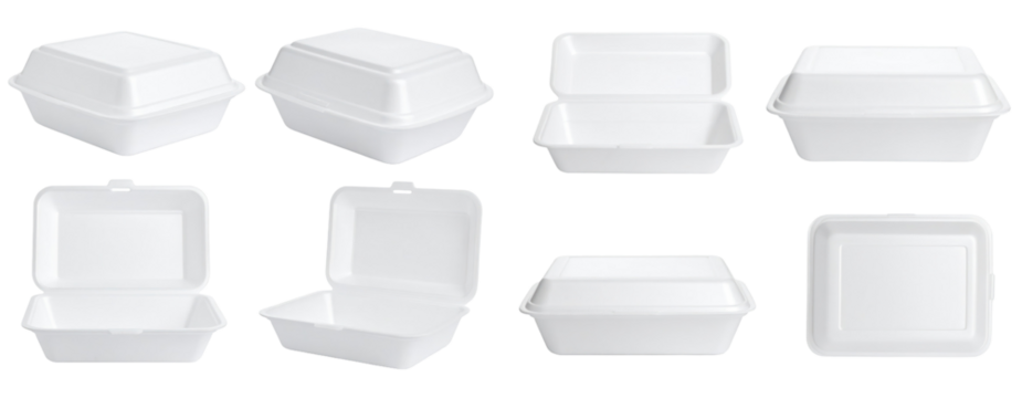 White Styrofoam Food Containers Isolated On White Background Showing Variety Of Angles For Packaging And Delivery Uses