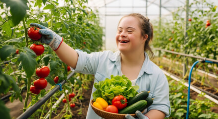 Fototapeta premium Young woman gardener harvesting ripe red tomatoes with glove. Happy female farmer working in greenhouse for organic food.