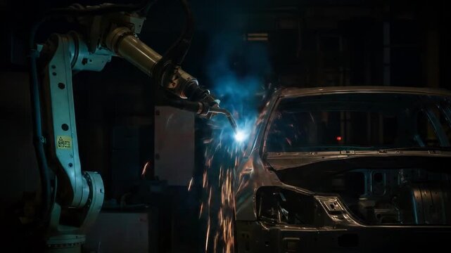 Automated car production line using robotic welding arms for vehicle manufacturing