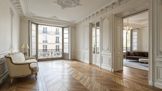 Elegant parisian apartment hallway featuring ornate moldings and large french doors with balcony view