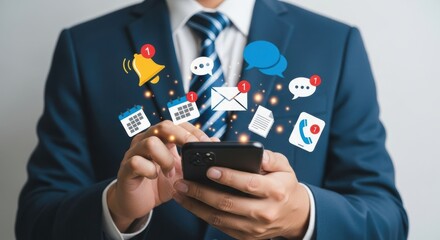 A businessman in a suit uses his smartphone, with various communication and notification icons floating around him