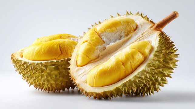 Cut durian fruit with yellow flesh and spiky skin on a white background. - Powered by Adobe