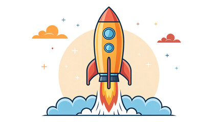 Rocket Ascent: A vibrant illustration showcases a rocket soaring into the sky, flames illuminating its journey, symbolizing innovation, progress, and ambitious goals.