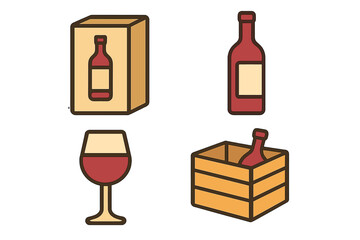 Vector Set of Wine Bottle, Glass, and Packaging Icons for Graphic Design, Web, Apps, Advertising, and Cards, Cartoon Style with Transparent Background, Filled Outline Illustration