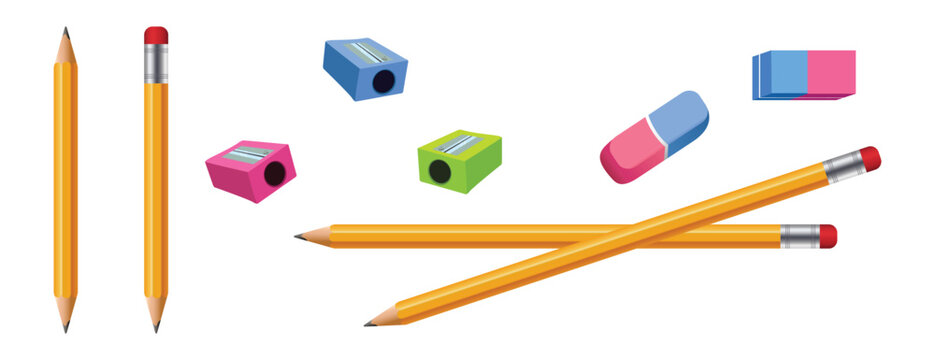 Realistic vector set of yellow pencil with eraser rubber and sharpener, isolated on white background, detailed 3D wooden pencil design for school, office, art, education, drawing and stationery use