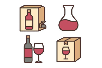 Wine in Box and Bottle Vector Illustration Set, Filled Outline Style for Graphic Design, Apps, Advertisements, Cards, Transparent Background, Cartoon Style, Elegant Packaging Icons