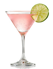 A pink cocktail in a martini glass garnished with a lime wedge