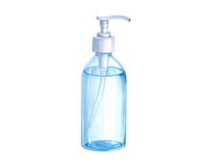 Watercolor Illustration of a Hand Sanitizer Bottle with Transparent Liquid and Pump Dispenser on a White Background