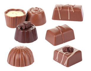 Obraz premium Assortment of Exquisite Chocolate Pralines in Various Shapes and Textures Isolated on Transparent Background Depicting Gourmet Confections