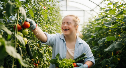 Woman with down syndrome harvesting fresh tomatoes and cucumbers in a greenhouse. Joyful girl engaged in natural farming and inclusive agriculture.