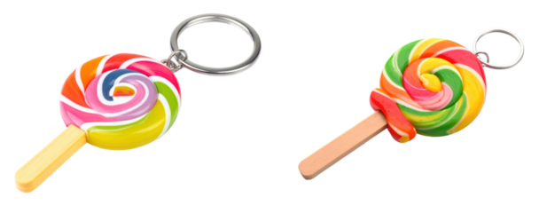 Two Colorful Rubber Lollipop Keychains Isolated on Transparent Background with Swirl Design and Wooden Sticks
