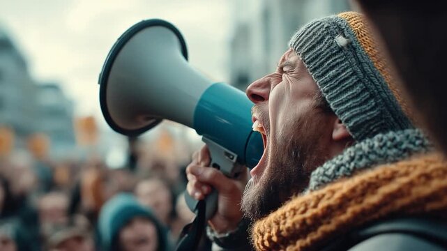 Voice of Dissent: A powerful image capturing a passionate protestor using a megaphone to amplify his message amidst a crowd of supporters, symbolizing advocacy. 