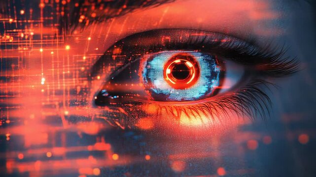 Futuristic bionic eye communicating with digital network