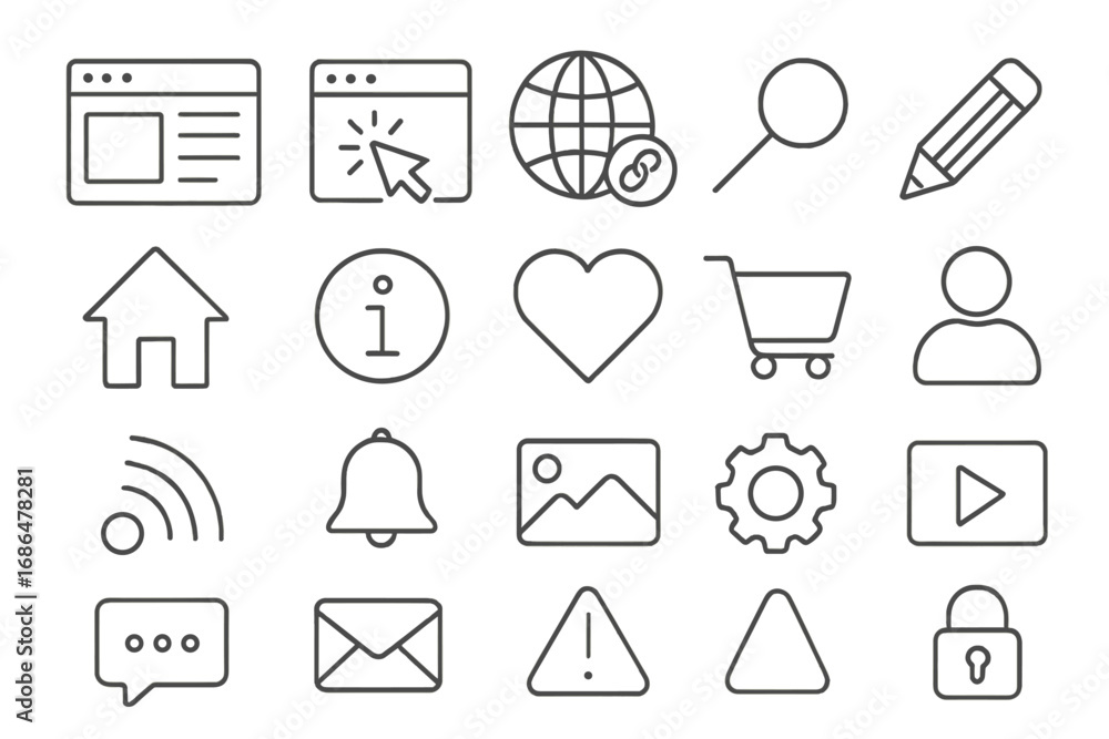 Poster web page line icon pack for graphic and web design. ui ux outline signs for apps and adverts. vector