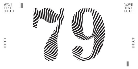 Number 79 with Wave Text Effect - Abstract Distorted Typography, Black and White Linear Pattern
