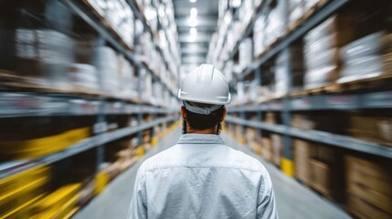 Man in hard hat walks through warehouse with shelves full of boxes.