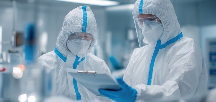 The laboratory scientists in protective suits reviewing a clipboard in a sterile research facility