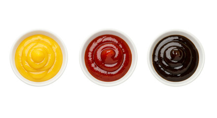 Overhead shot three bowls yellow red brown sauces transparent background