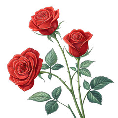 Fototapeta premium Vibrant Blossoms: Three vividly rendered red roses with delicate petals and lush green leaves, a timeless symbol of love and beauty.
