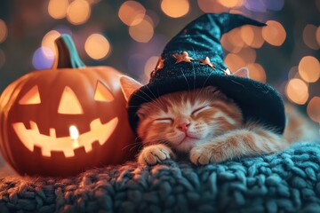 A cute ginger kitten, wearing a witch's hat, rests peacefully beside a glowing jack-o'-lantern, bathed in warm Halloween ambiance.
