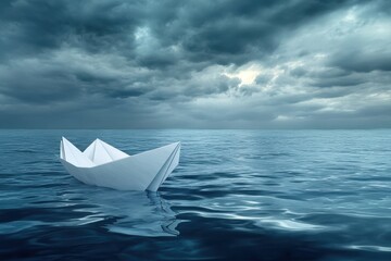 ultra quality picture of White paper boat on blue background realistic image photo high detail 8k